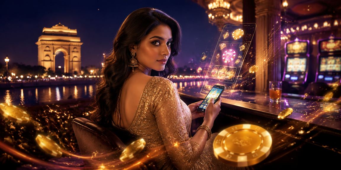 Indian woman enjoying live casino games on mobile issued near India Gate Delhi